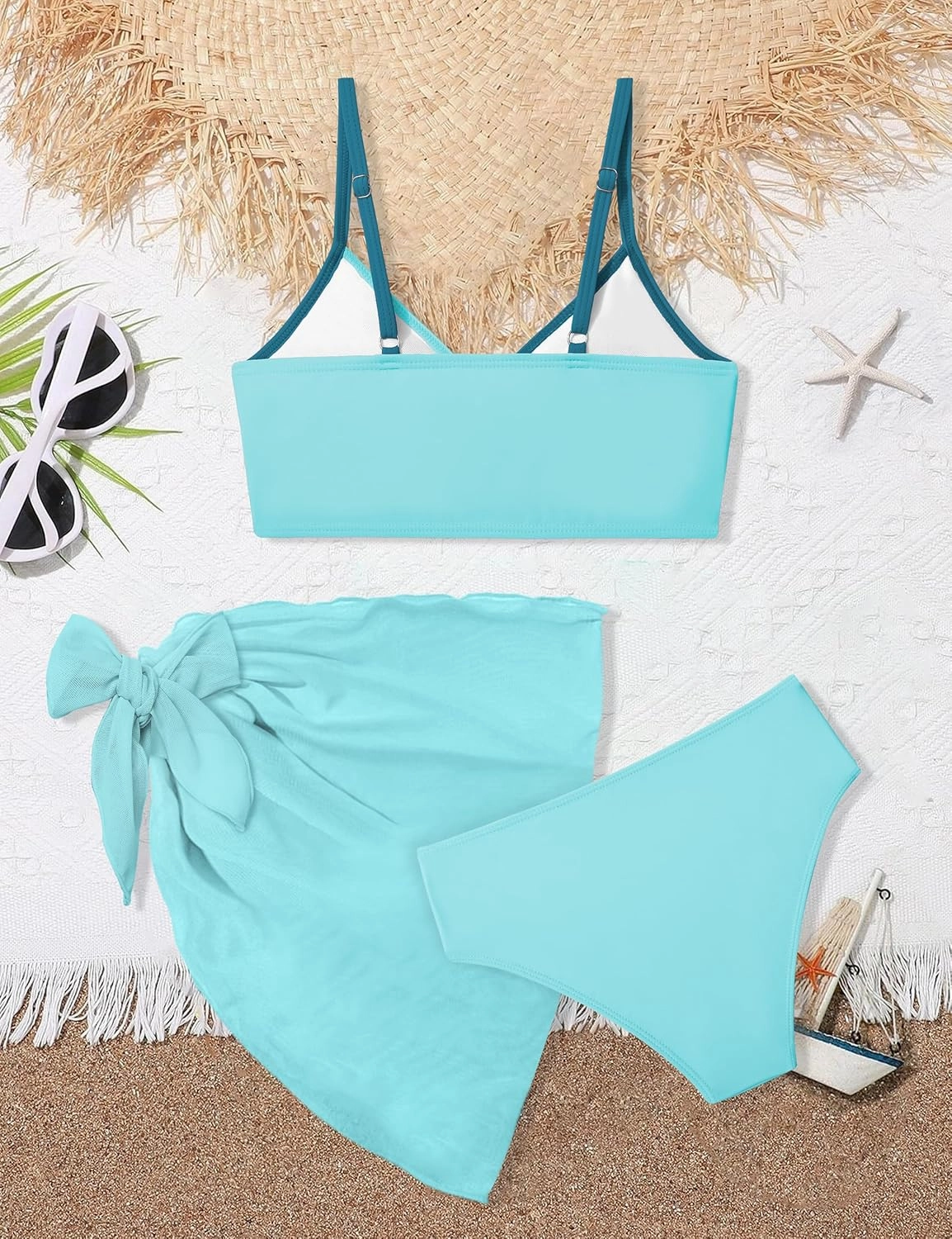 Girls Swimsuit V Neck Bikini Set Color Block with Cover Up 3Pcs Bathing Suits