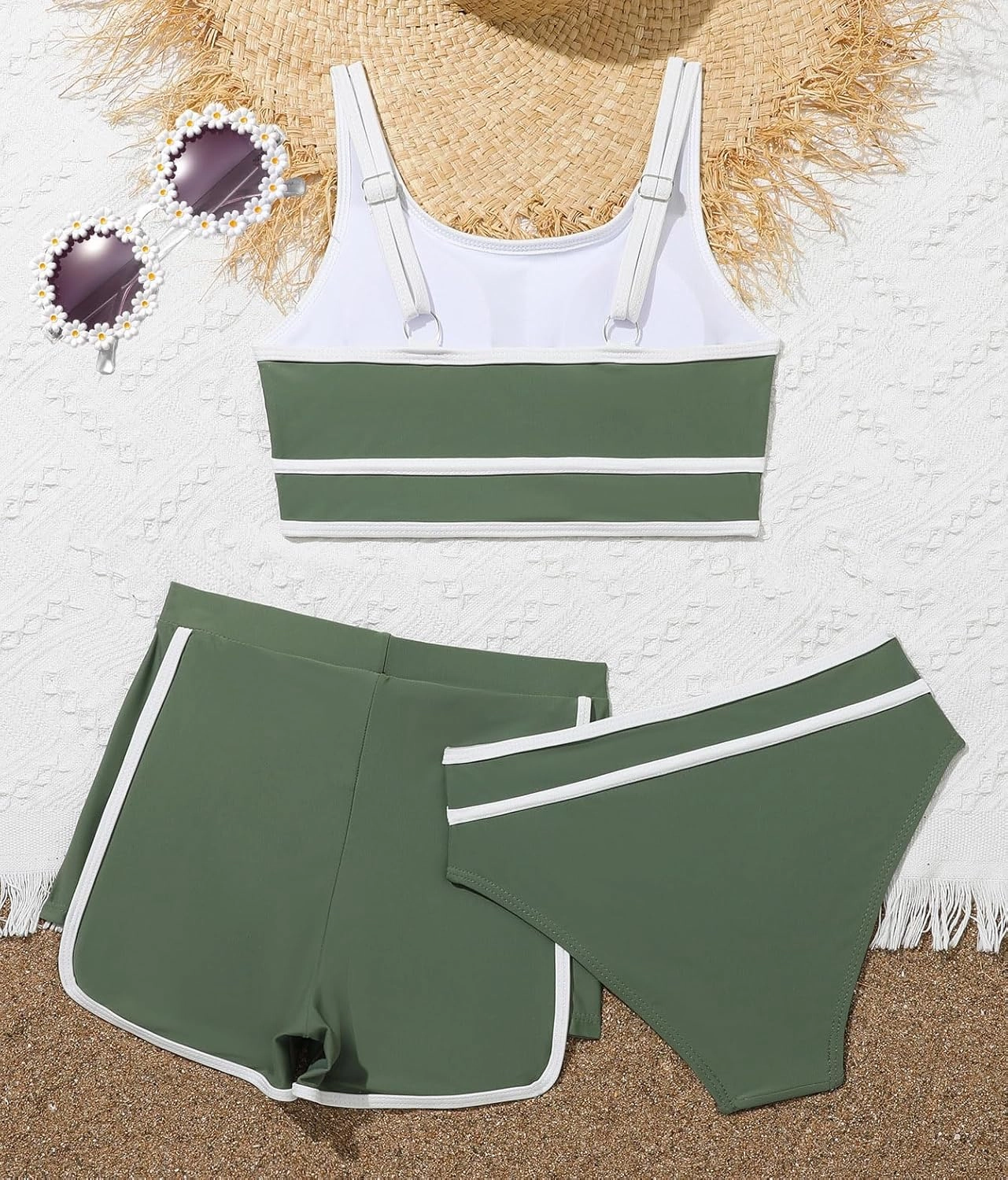 Girls Swimsuits 3 Piece Bathing Suit Bikini Set with Sporty Shorts and Sunglasses Beach Swimwear for Girl 8-15 Years
