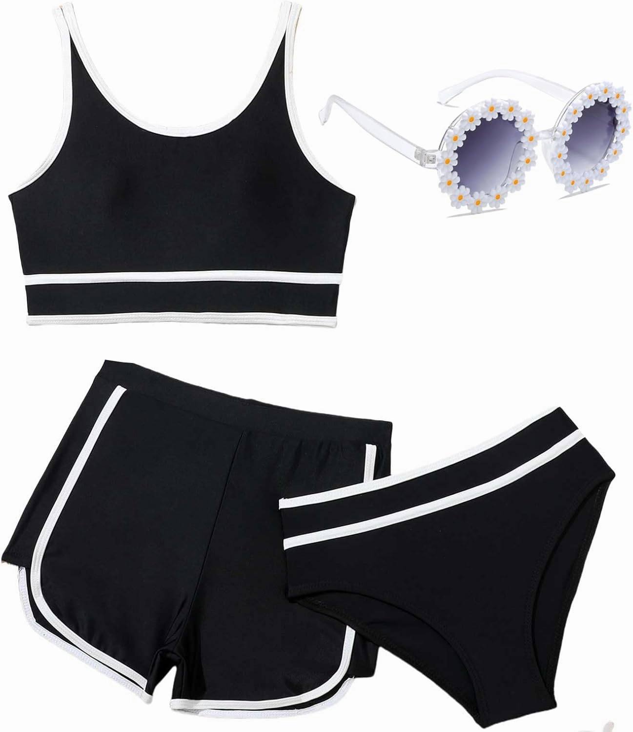 Girls Swimsuits 3 Piece Bathing Suit Bikini Set with Sporty Shorts and Sunglasses Beach Swimwear for Girl 8-15 Years