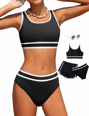 Girls Swimsuits 3 Piece Bathing Suit Bikini Set with Sporty Shorts and Sunglasses Beach Swimwear for Girl 8-15 Years