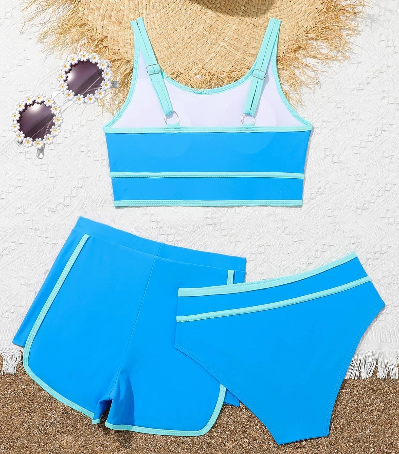 Girls Swimsuits 3 Piece Bathing Suit Bikini Set with Sporty Shorts and Sunglasses Beach Swimwear for Girl 8-15 Years