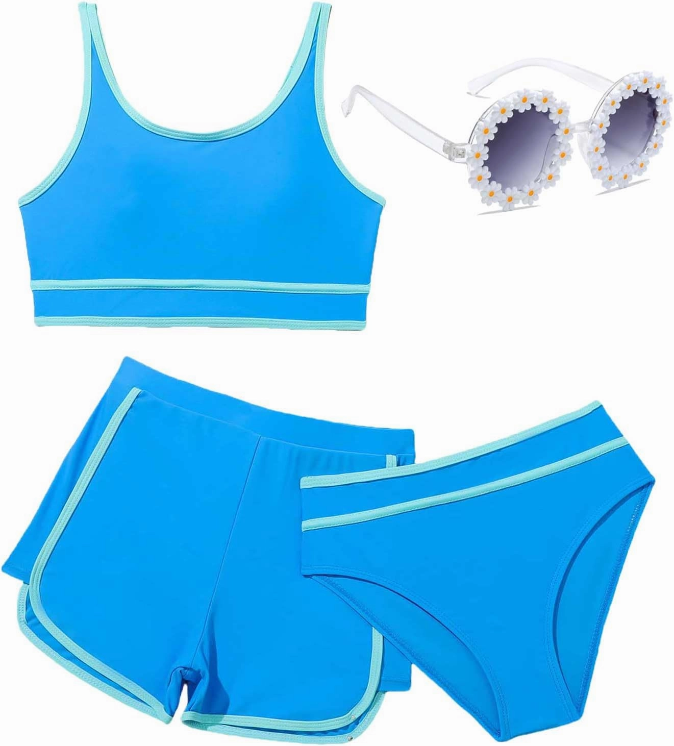 Girls Swimsuits 3 Piece Bathing Suit Bikini Set with Sporty Shorts and Sunglasses Beach Swimwear for Girl 8-15 Years