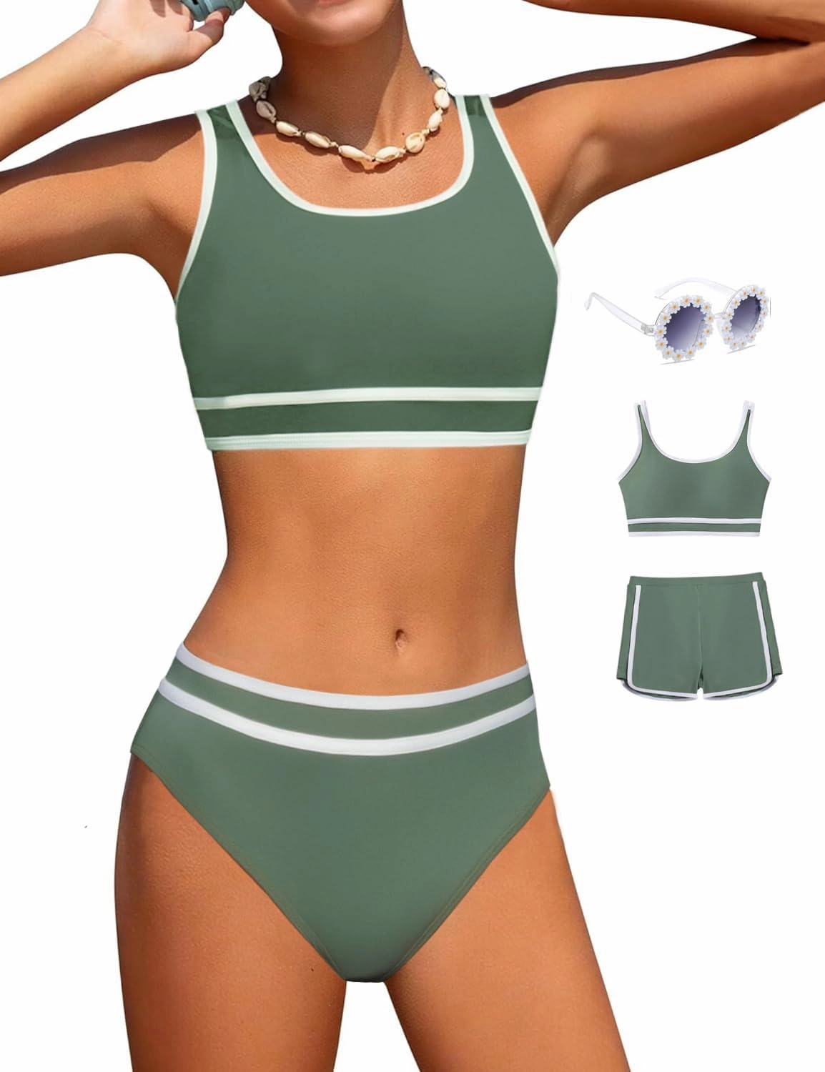 Girls Swimsuits 3 Piece Bathing Suit Bikini Set with Sporty Shorts and Sunglasses Beach Swimwear for Girl 8-15 Years