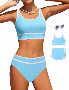 Girls Swimsuits 3 Piece Bathing Suit Bikini Set with Sporty Shorts and Sunglasses Beach Swimwear for Girl 8-15 Years