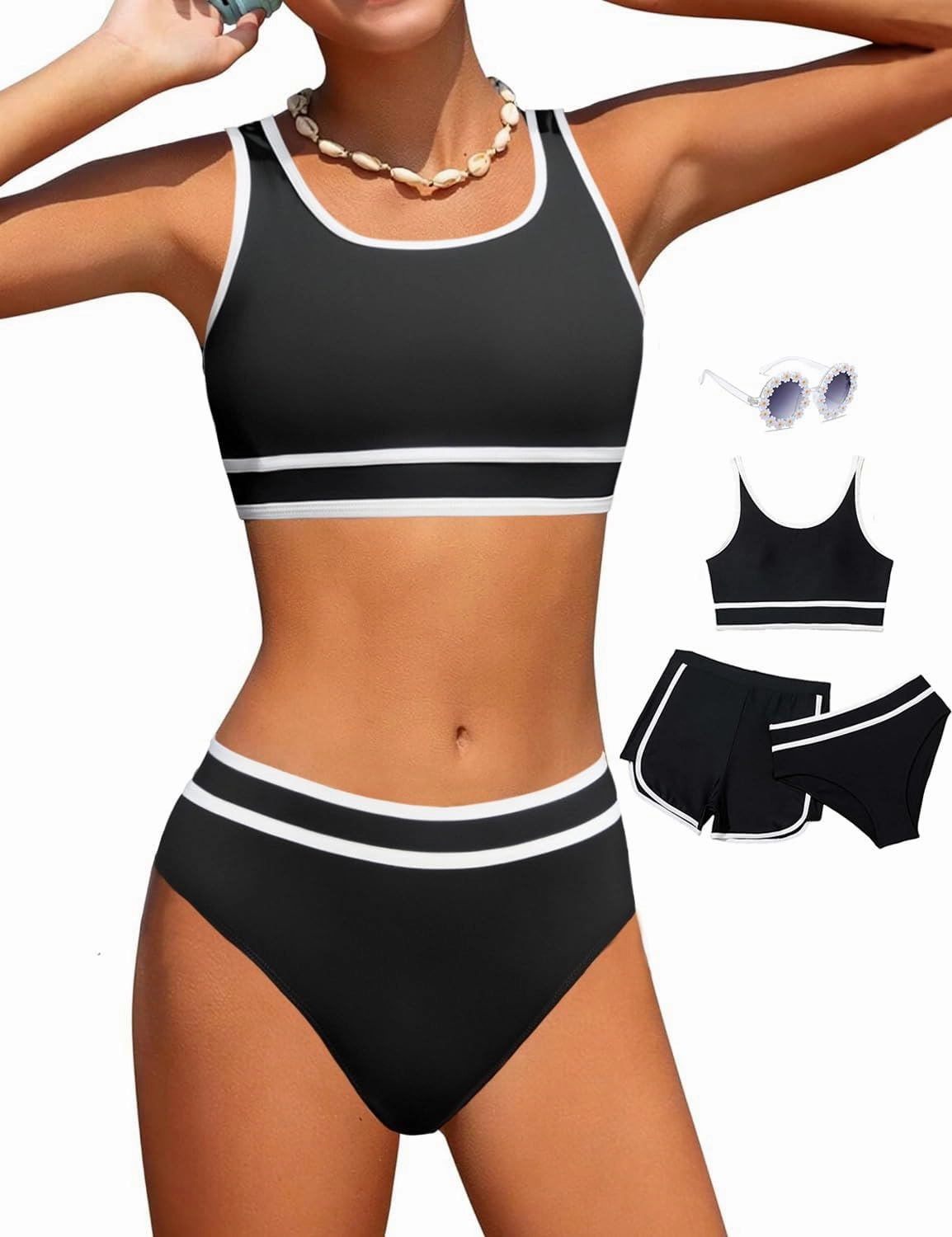 Girls Swimsuits 3 Piece Bathing Suit Bikini Set with Sporty Shorts and Sunglasses Beach Swimwear for Girl 8-15 Years