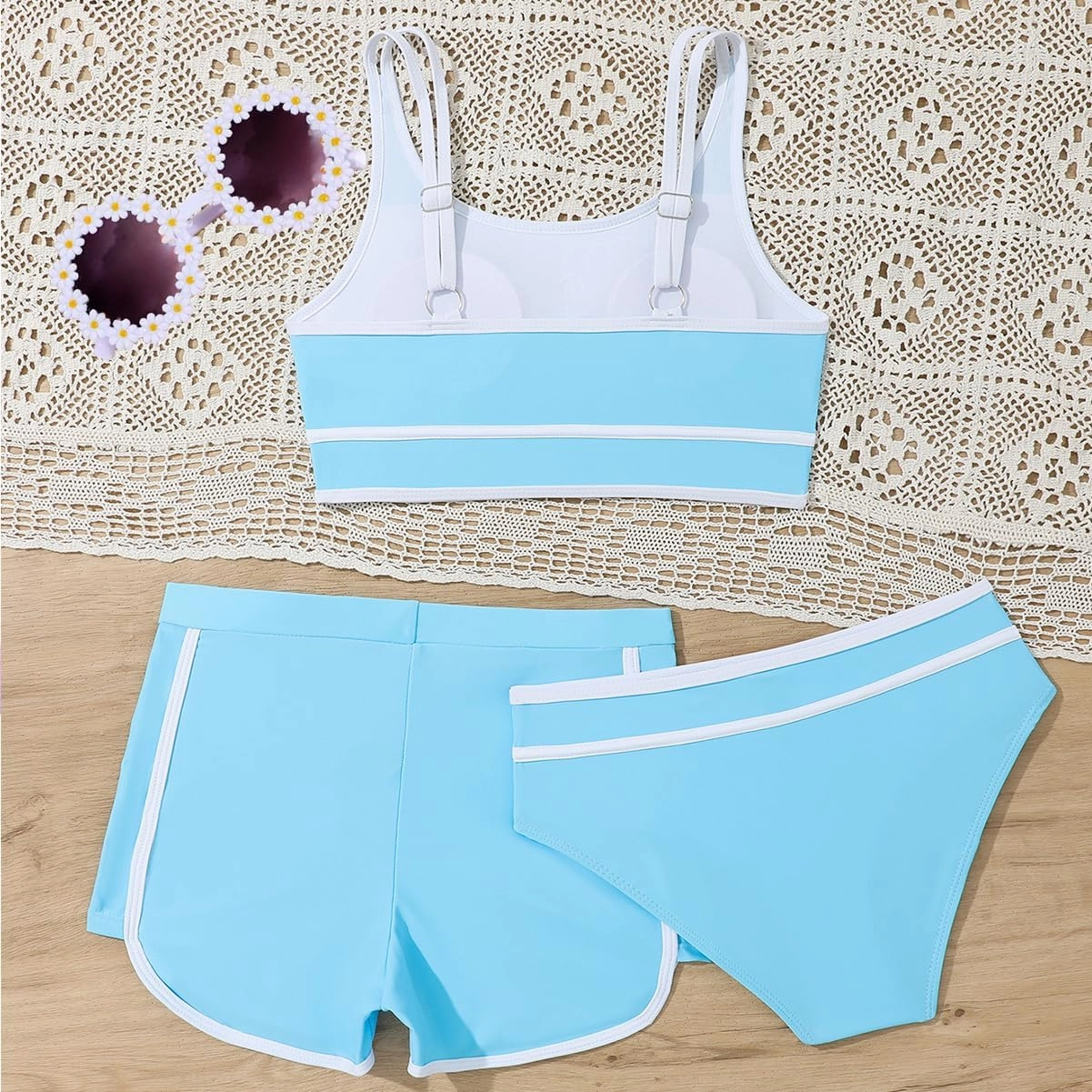 Girls Swimsuits 3 Piece Bathing Suit Bikini Set with Sporty Shorts and Sunglasses Beach Swimwear for Girl 8-15 Years