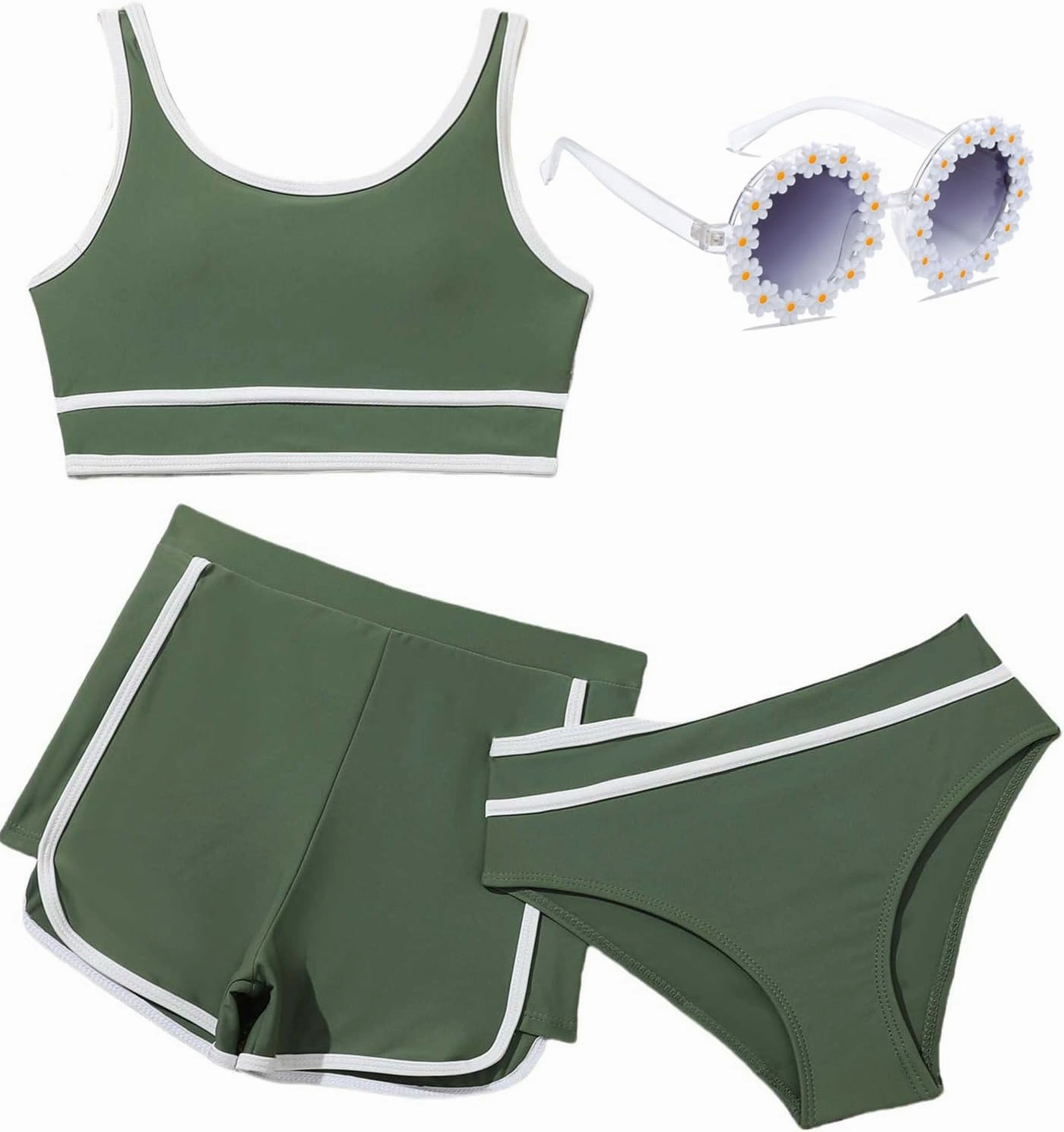 Girls Swimsuits 3 Piece Bathing Suit Bikini Set with Sporty Shorts and Sunglasses Beach Swimwear for Girl 8-15 Years