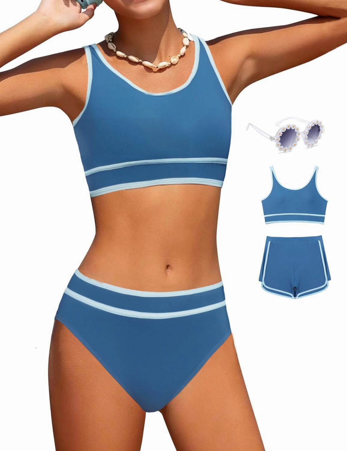 Girls Swimsuits 3 Piece Bathing Suit Bikini Set with Sporty Shorts and Sunglasses Beach Swimwear for Girl 8-15 Years