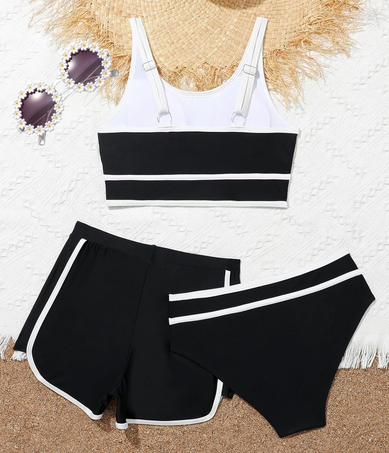 Girls Swimsuits 3 Piece Bathing Suit Bikini Set with Sporty Shorts and Sunglasses Beach Swimwear for Girl 8-15 Years