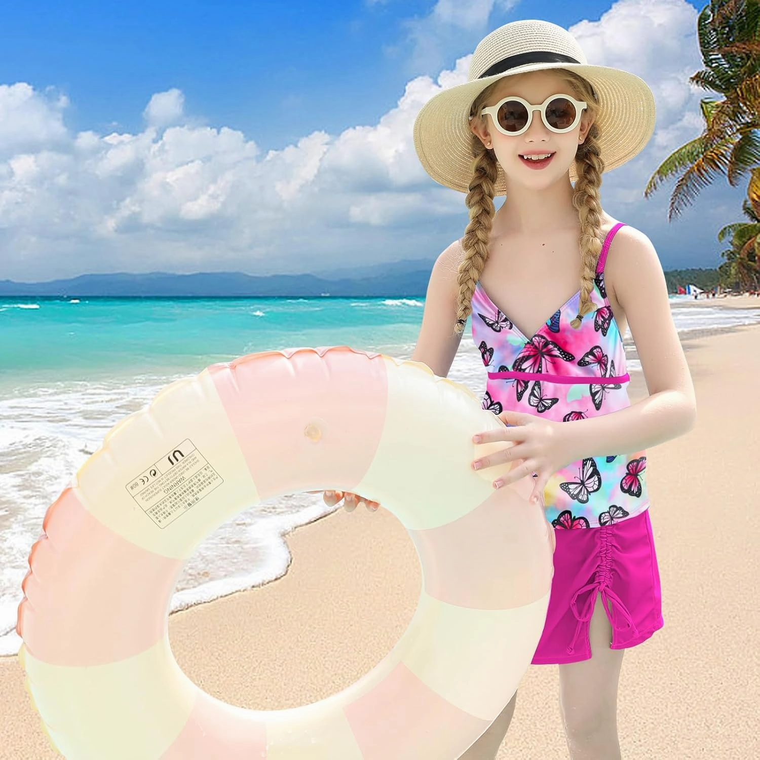Girls Swimsuits 3 Piece Tankini Bathing Suit Set Bikini Swimwear with Cover Ups Beach Skirt 6-12 Years