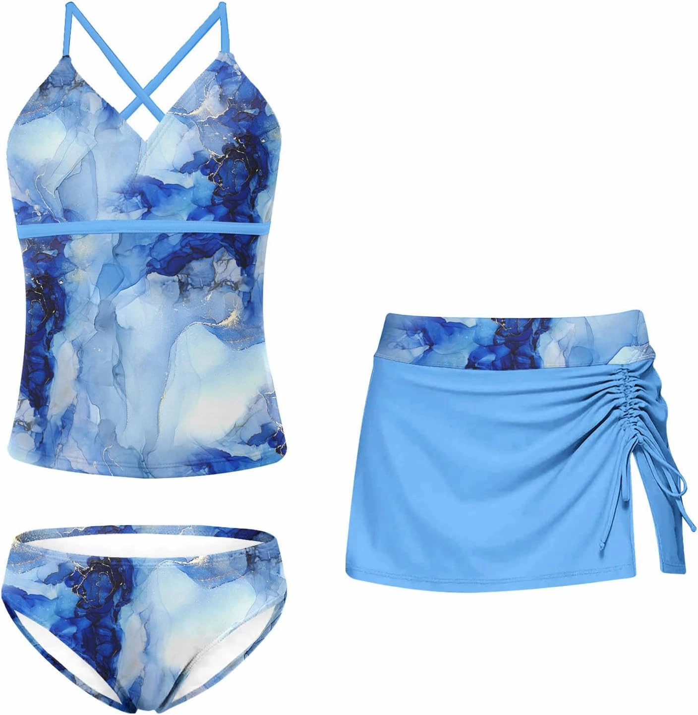 Girls Swimsuits 3 Piece Tankini Bathing Suit Set Bikini Swimwear with Cover Ups Beach Skirt 6-12 Years