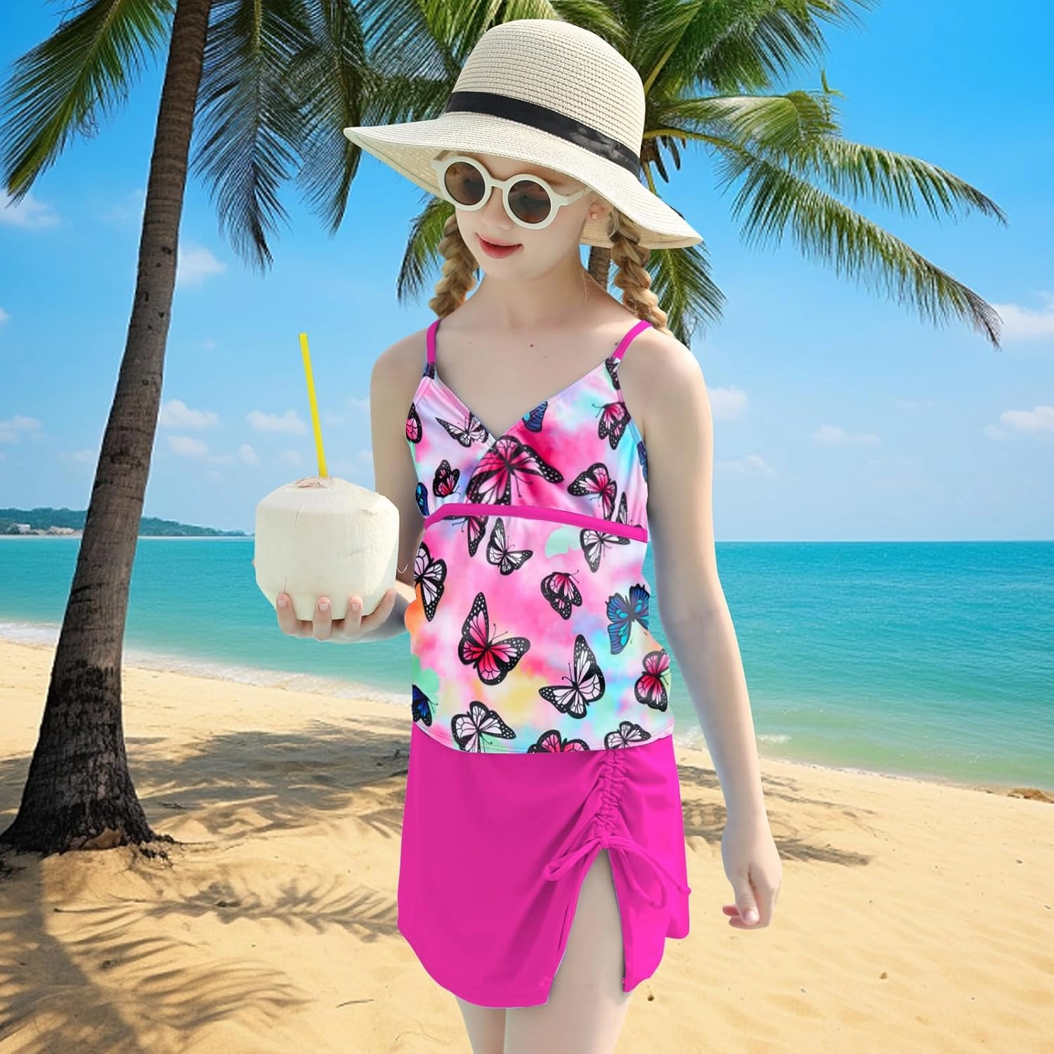 Girls Swimsuits 3 Piece Tankini Bathing Suit Set Bikini Swimwear with Cover Ups Beach Skirt 6-12 Years