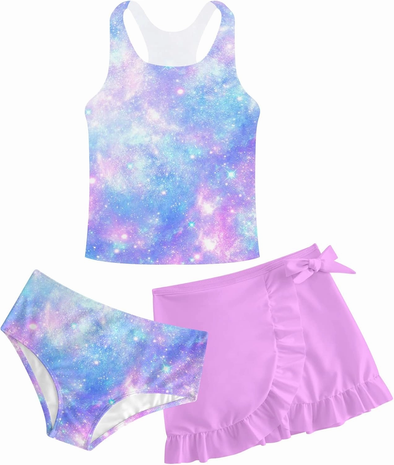 Girls Swimsuits 3 Piece Tankini Bathing Suit Set Cute Bikini Swimwear with Cover Ups Beach Skirt 5-12 Years