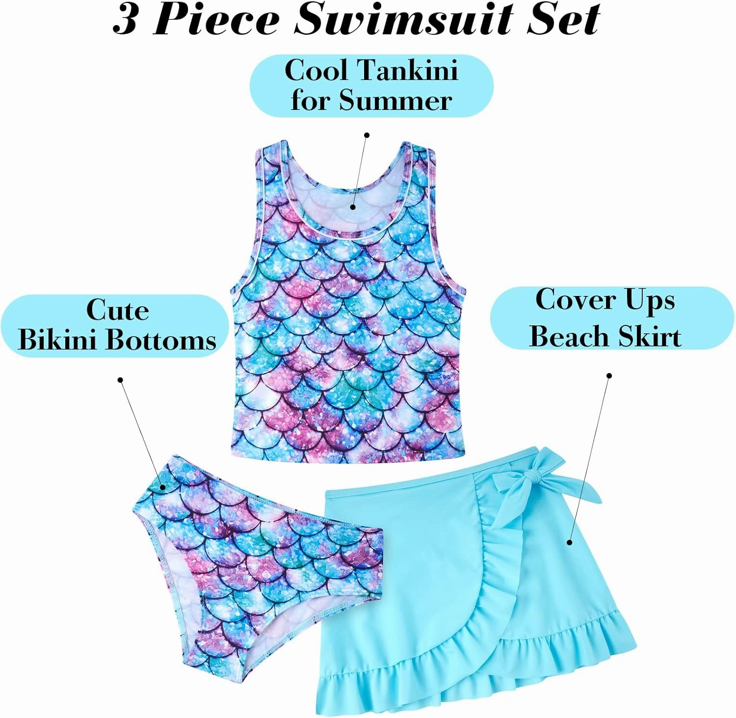 Girls Swimsuits 3 Piece Tankini Bathing Suit Set Cute Bikini Swimwear with Cover Ups Beach Skirt 5-12 Years