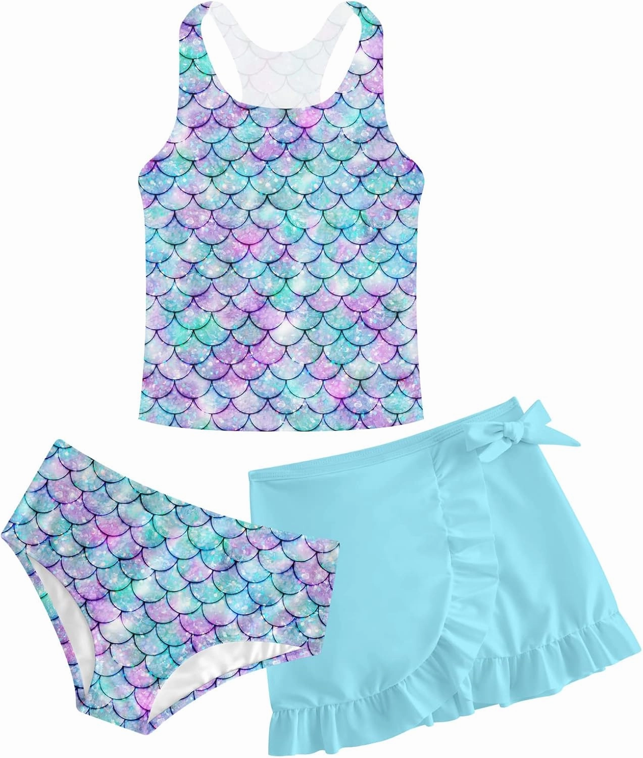 Girls Swimsuits 3 Piece Tankini Bathing Suit Set Cute Bikini Swimwear with Cover Ups Beach Skirt 5-12 Years