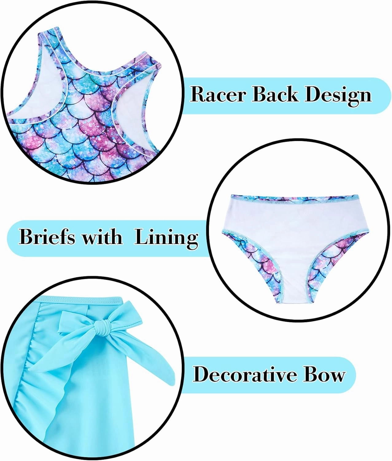 Girls Swimsuits 3 Piece Tankini Bathing Suit Set Cute Bikini Swimwear with Cover Ups Beach Skirt 5-12 Years