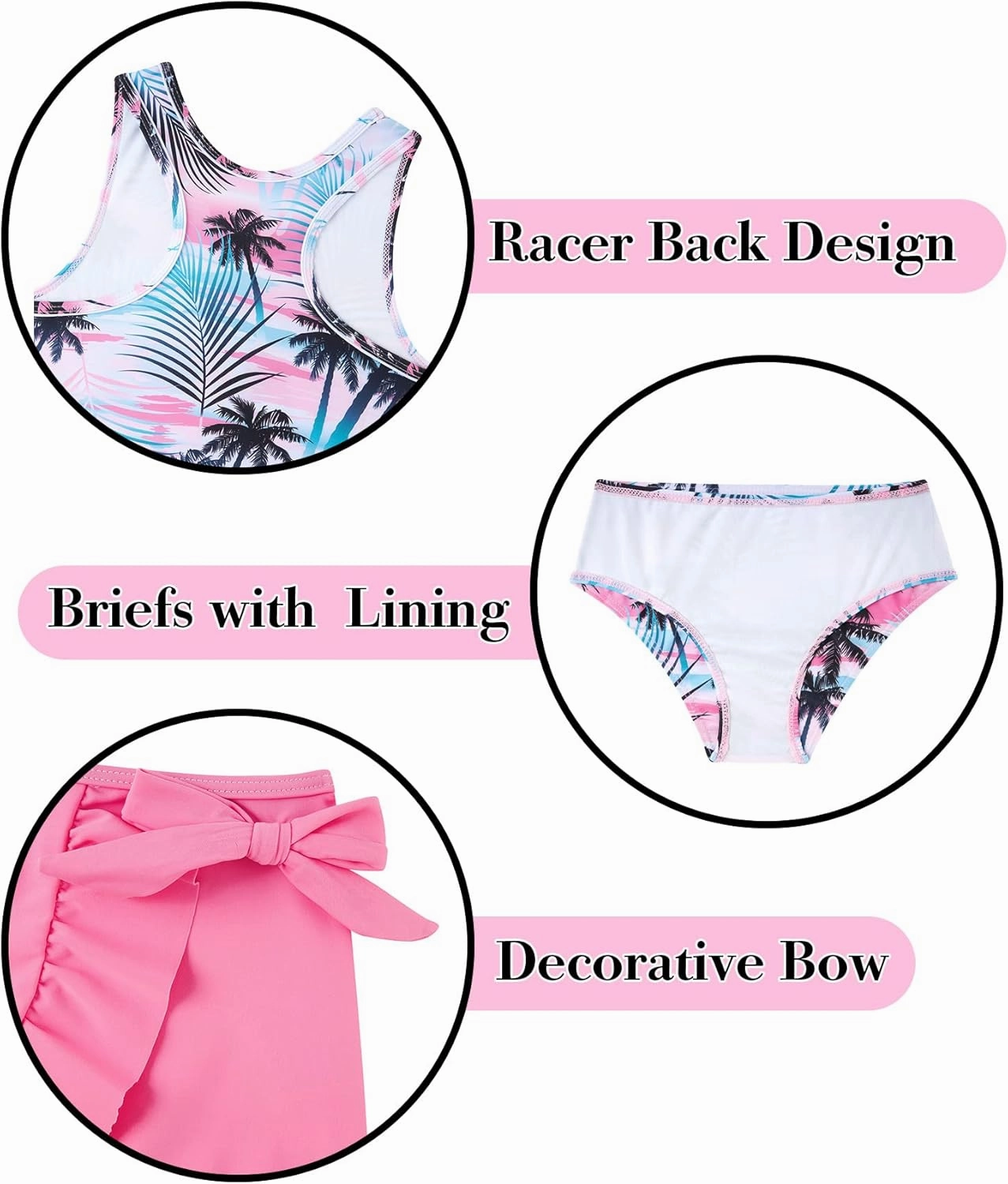 Girls Swimsuits 3 Piece Tankini Bathing Suit Set Cute Bikini Swimwear with Cover Ups Beach Skirt 5-12 Years