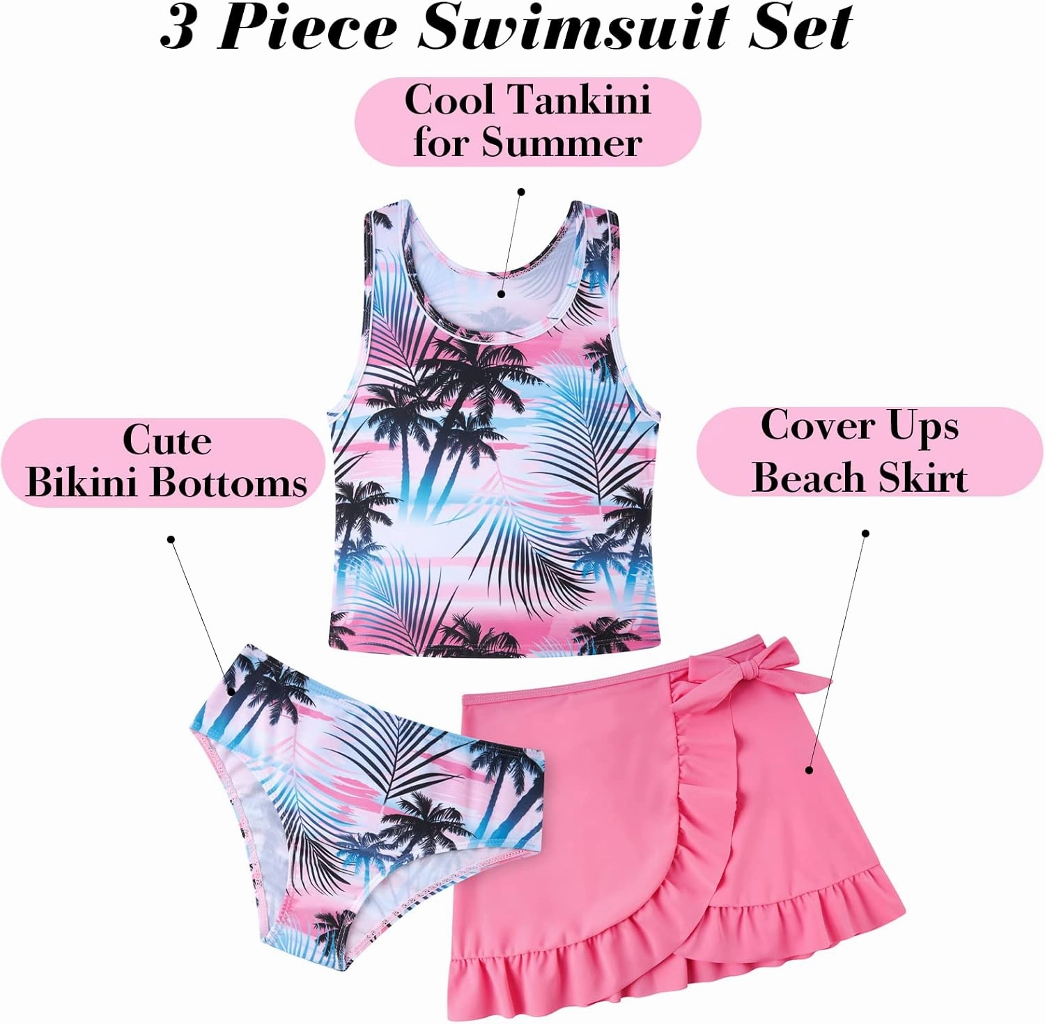Girls Swimsuits 3 Piece Tankini Bathing Suit Set Cute Bikini Swimwear with Cover Ups Beach Skirt 5-12 Years