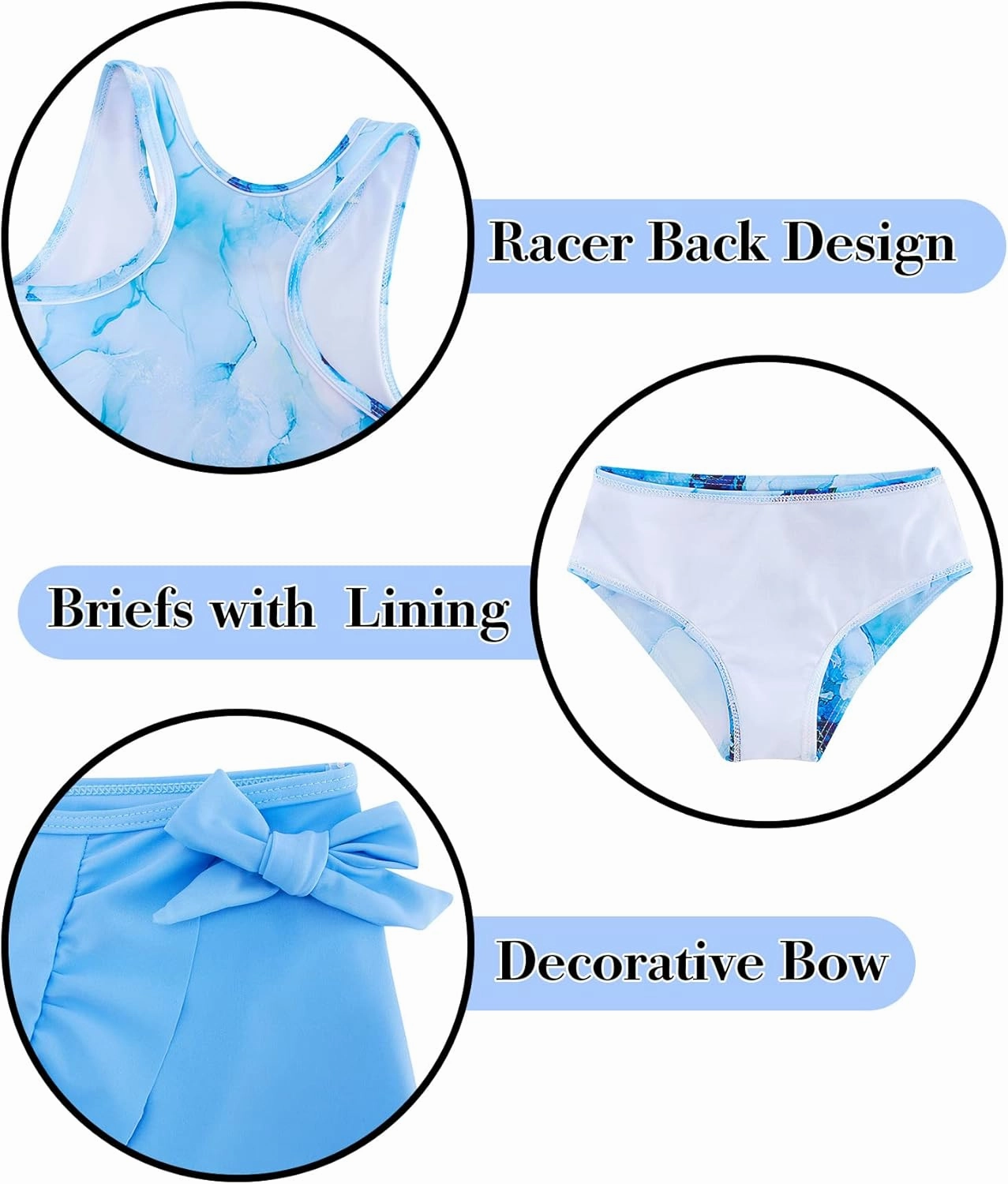 Girls Swimsuits 3 Piece Tankini Bathing Suit Set Cute Bikini Swimwear with Cover Ups Beach Skirt 5-12 Years