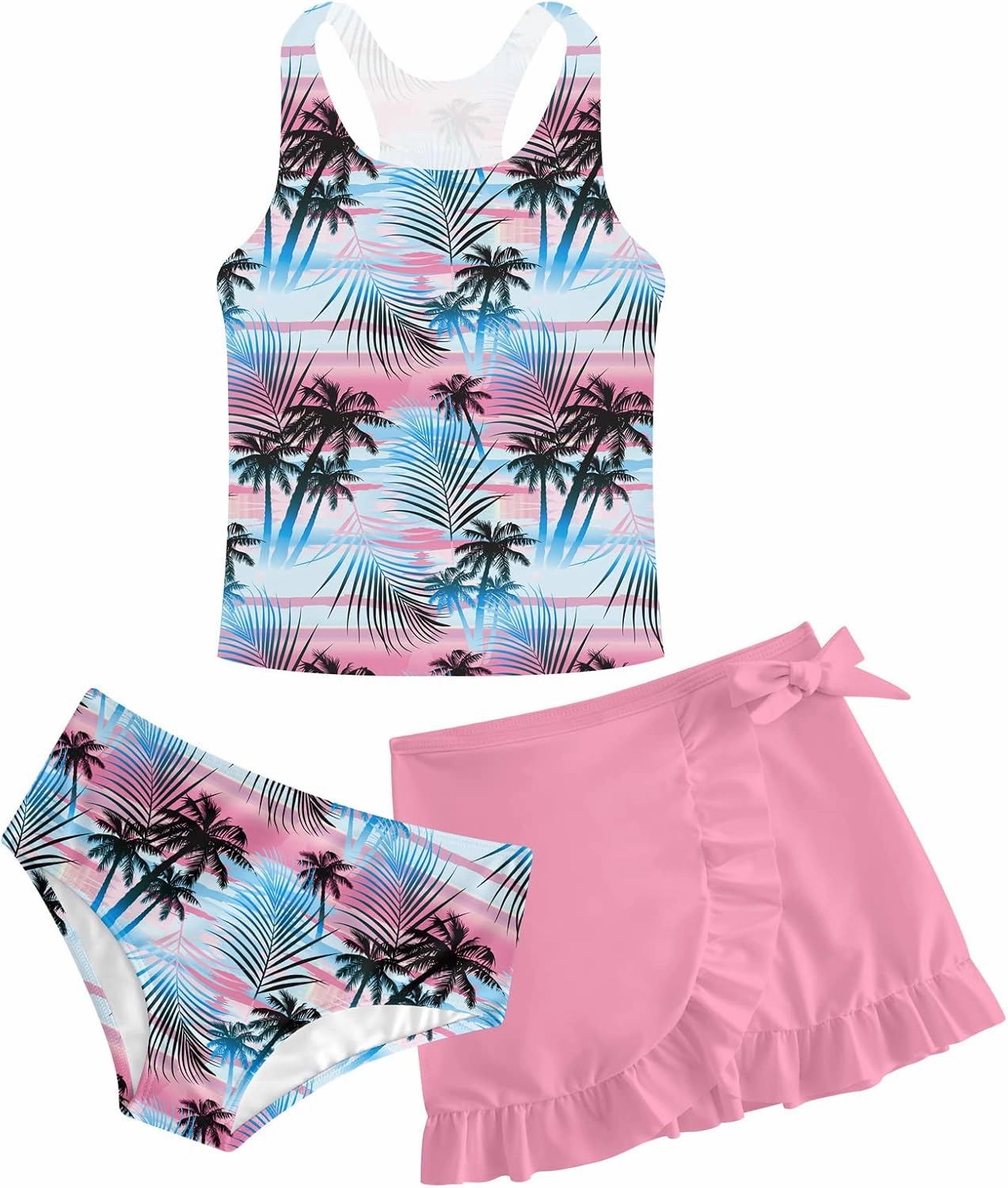 Girls Swimsuits 3 Piece Tankini Bathing Suit Set Cute Bikini Swimwear with Cover Ups Beach Skirt 5-12 Years