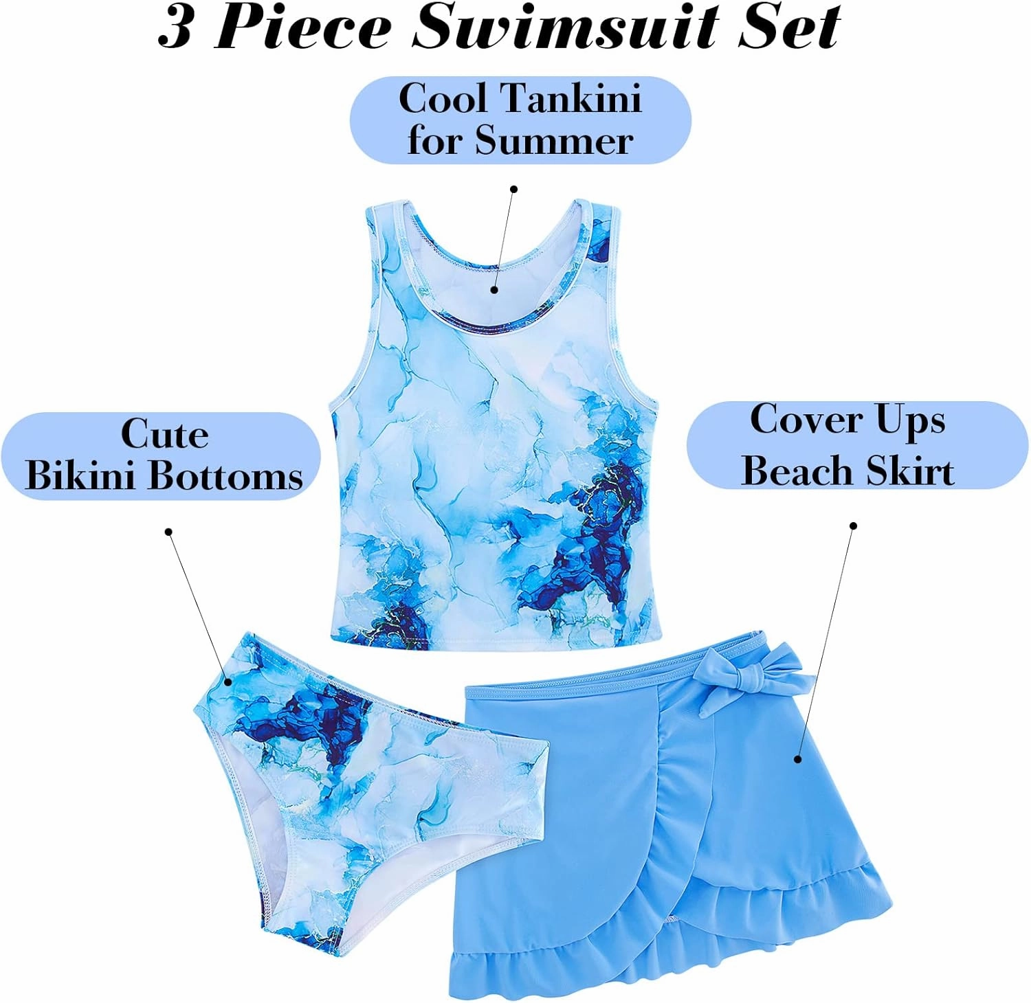 Girls Swimsuits 3 Piece Tankini Bathing Suit Set Cute Bikini Swimwear with Cover Ups Beach Skirt 5-12 Years