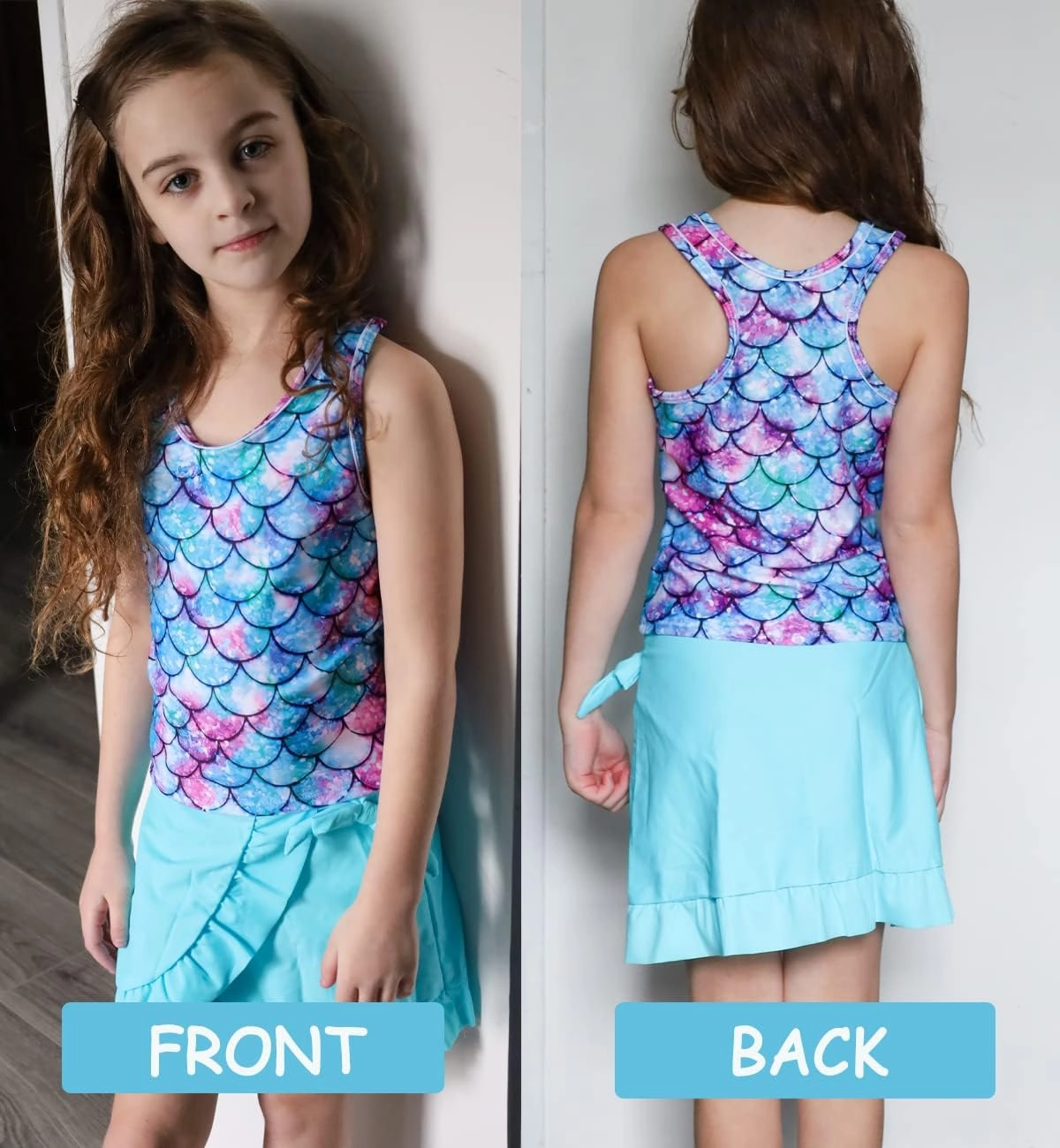 Girls Swimsuits 3 Piece Tankini Bathing Suit Set Cute Bikini Swimwear with Cover Ups Beach Skirt 5-12 Years