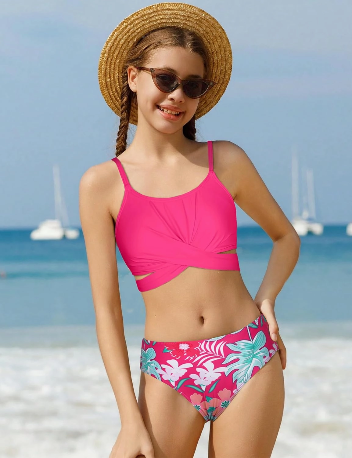 Girls Swimsuits Bikini Set Two Piece Bathing Suit Criss Cross Girls' Swimwear with Chest Pad