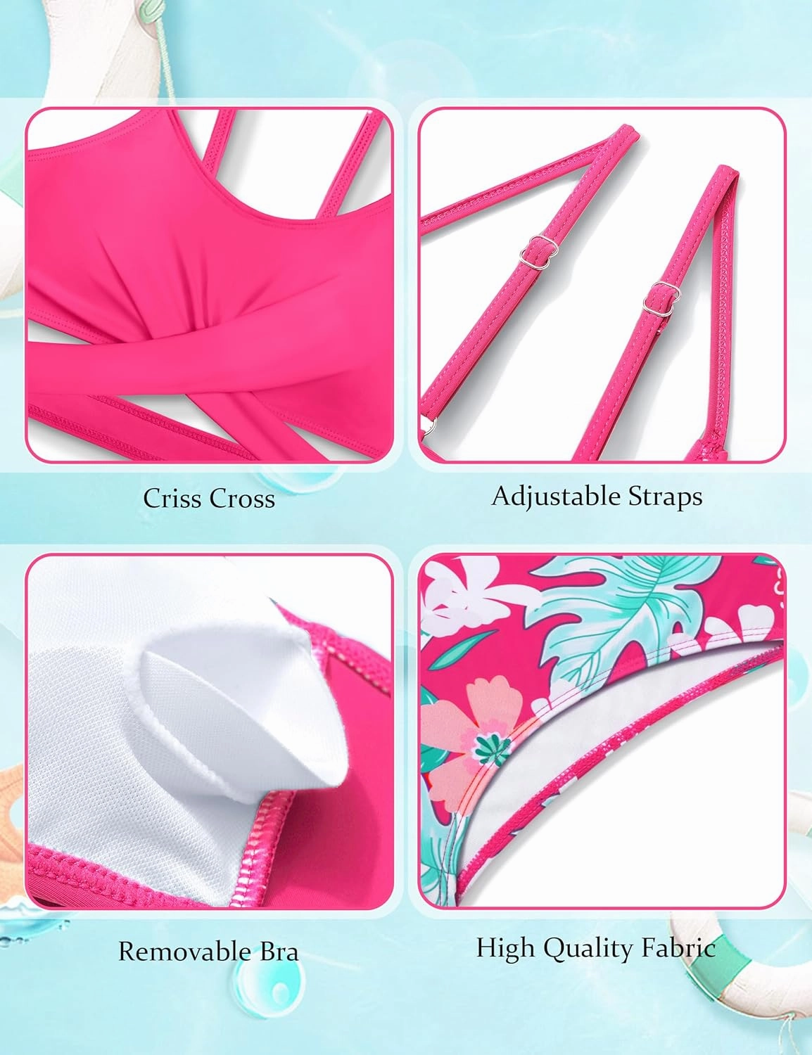 Girls Swimsuits Bikini Set Two Piece Bathing Suit Criss Cross Girls' Swimwear with Chest Pad