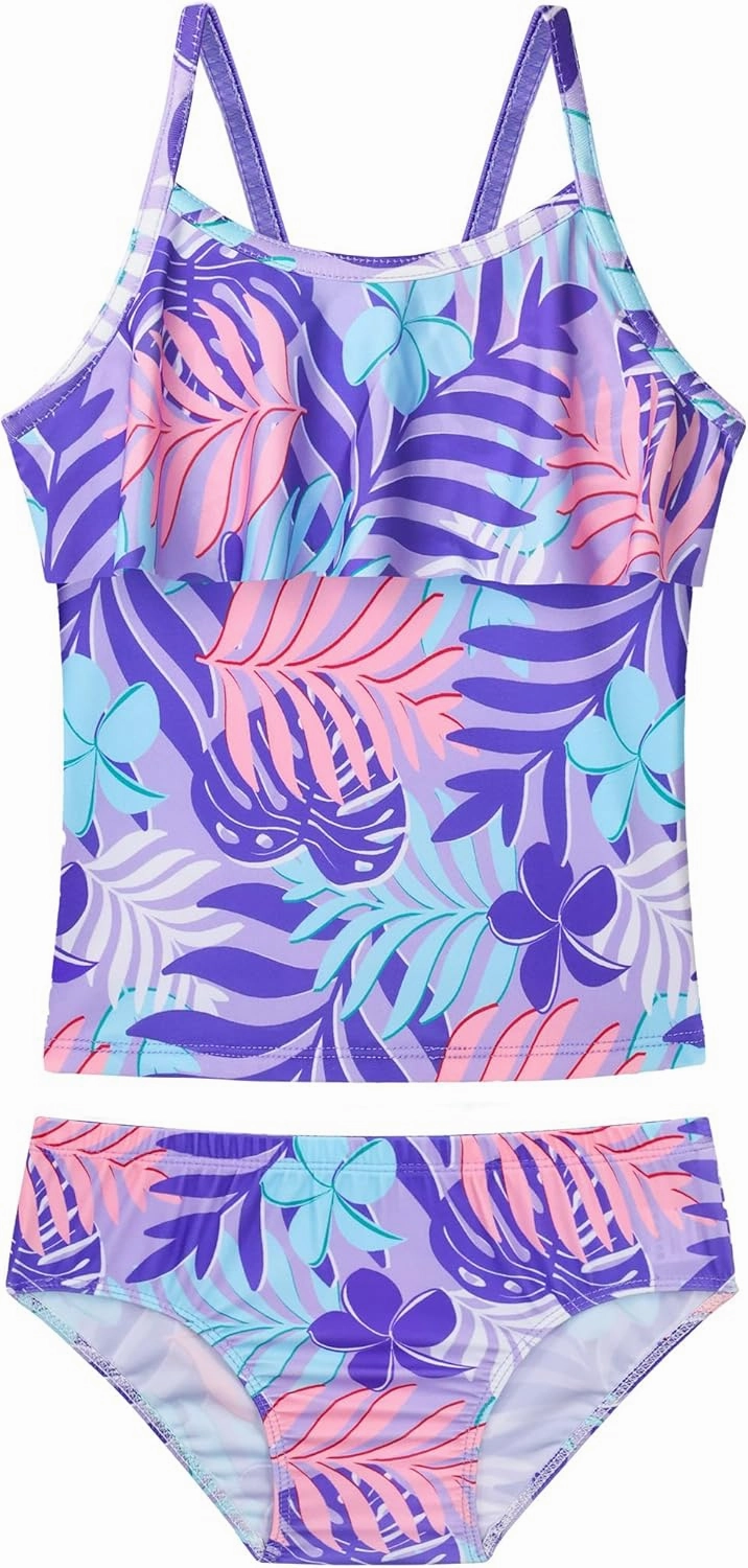 Girls Tankini Swimsuit 2-Piece Ruffle Bathing Suits UPF50  Kids Beach Sport Swimwear Sets