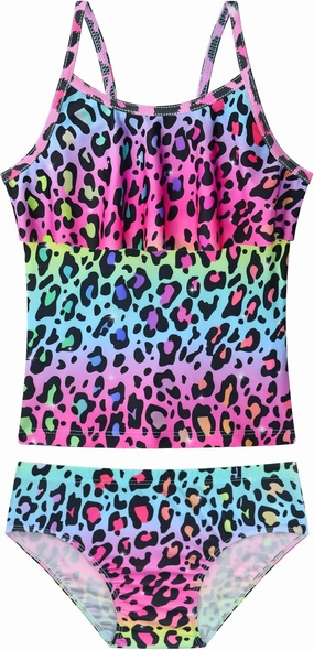 Girls Tankini Swimsuit 2-Piece Ruffle Bathing Suits UPF50  Kids Beach Sport Swimwear Sets