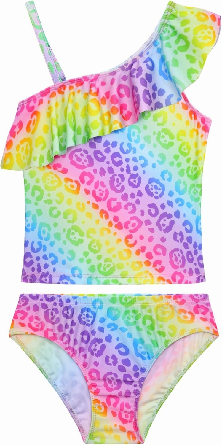 Girls Tankini Swimsuit Two Piece Bathing Suit Colorful Toddler Kids Ruffle Swimwear Adjustable Strap Summer Beach