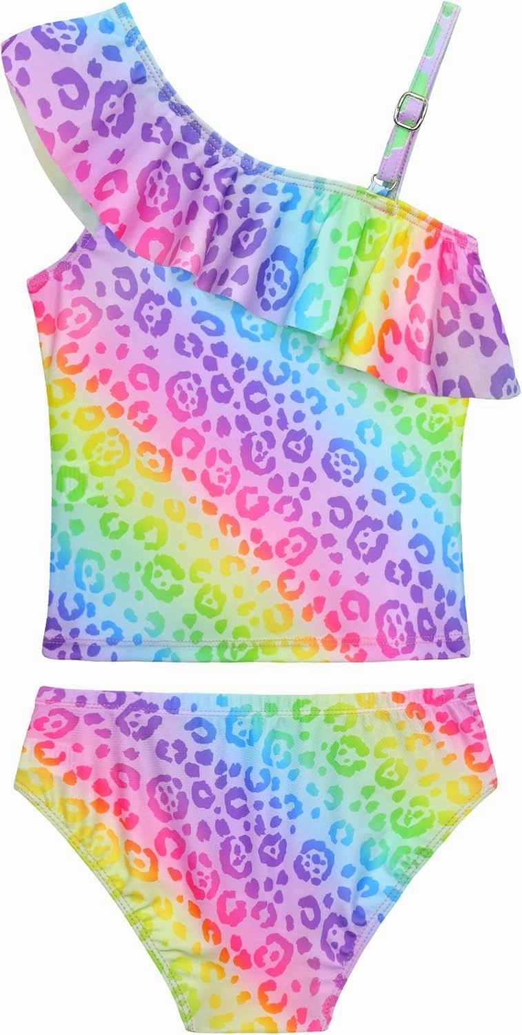 Girls Tankini Swimsuit Two Piece Bathing Suit Colorful Toddler Kids Ruffle Swimwear Adjustable Strap Summer Beach