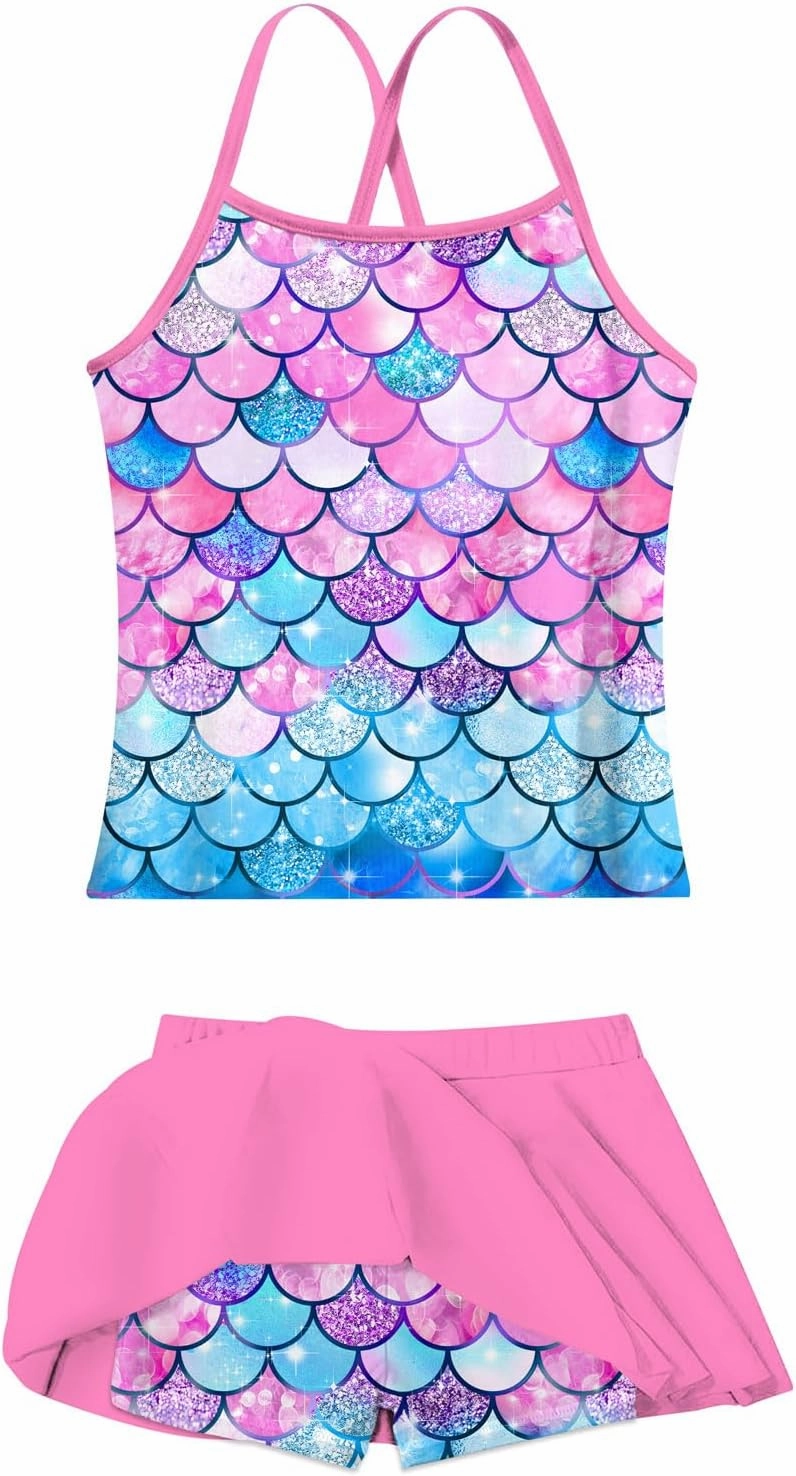 Girls Tankini Swimsuit Two Piece Bathing Suit with Adjustable Strap 3-13 Years