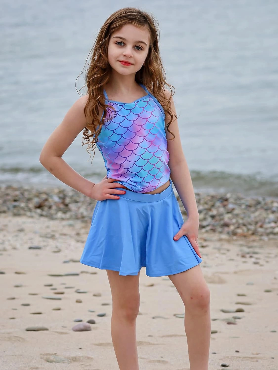 Girls Tankini Swimsuit Two Piece Bathing Suit with Adjustable Strap 3-13 Years