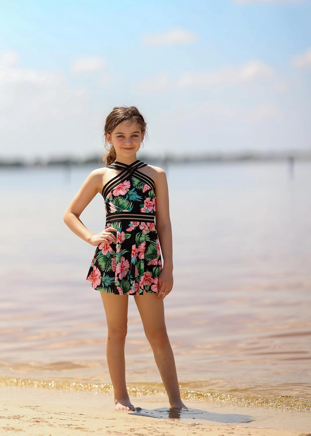 Girls Tankini Swimsuits Set size 7-14T Two Piece Swim Skirt and Bikini Bottom Criss-Cross Hawaii Bathing Suit