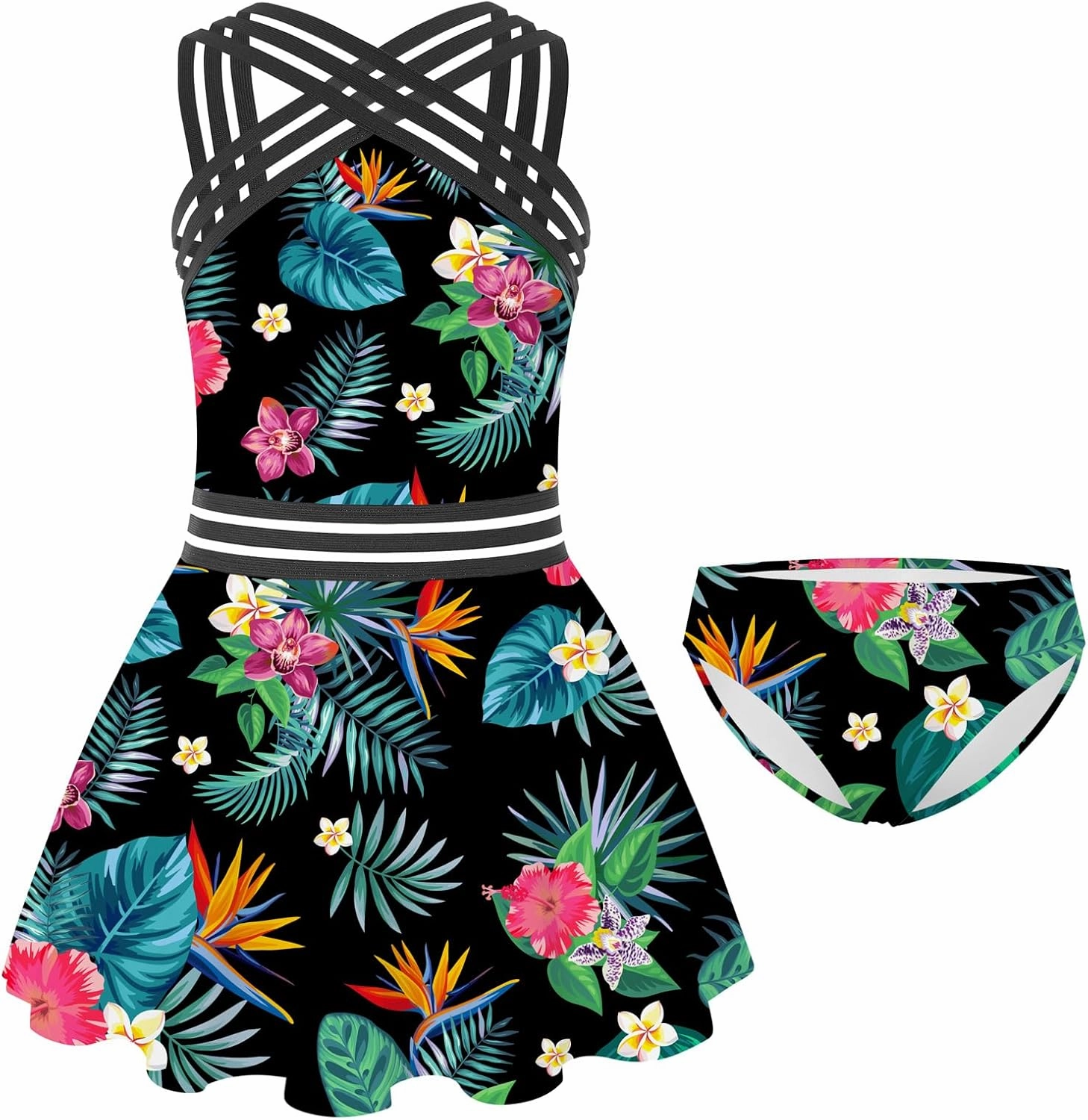 Girls Tankini Swimsuits Set size 7-14T Two Piece Swim Skirt and Bikini Bottom Criss-Cross Hawaii Bathing Suit