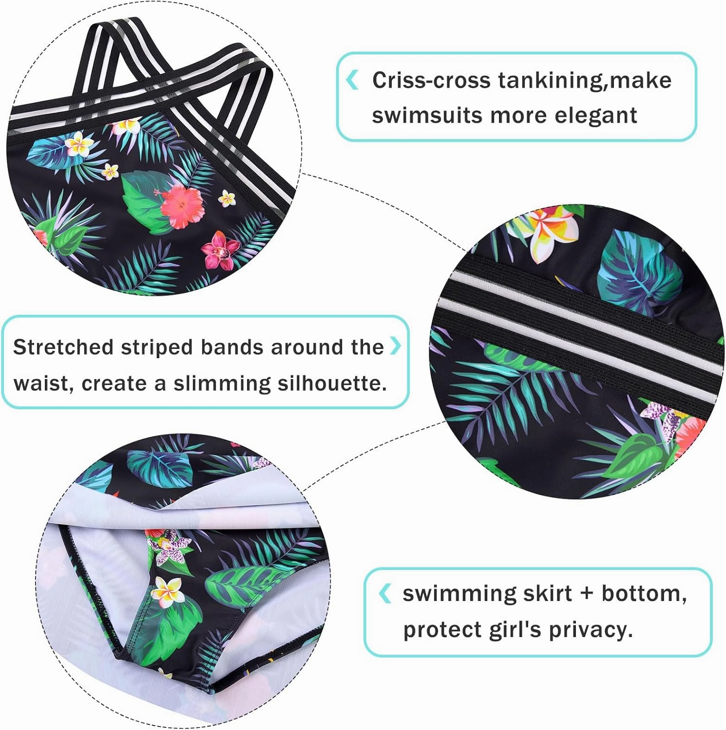 Girls Tankini Swimsuits Set size 7-14T Two Piece Swim Skirt and Bikini Bottom Criss-Cross Hawaii Bathing Suit