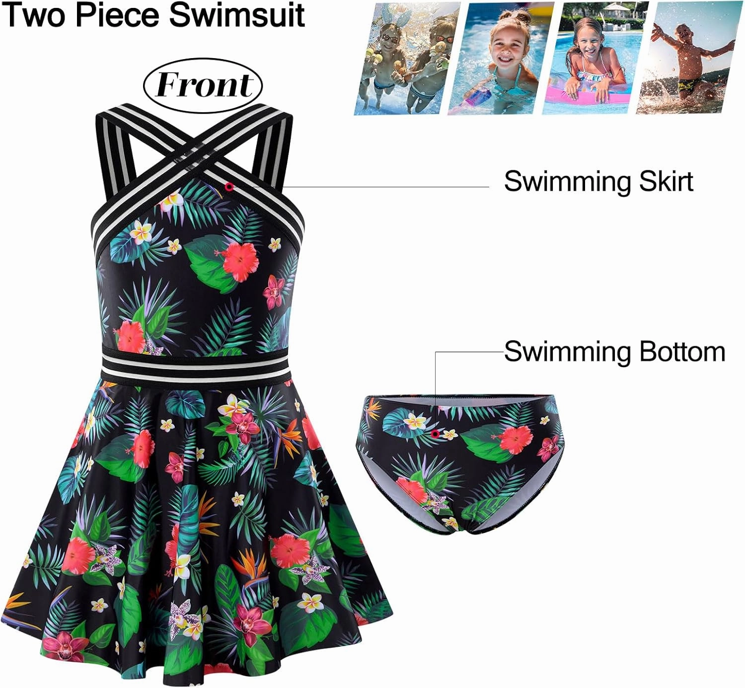 Girls Tankini Swimsuits Set size 7-14T Two Piece Swim Skirt and Bikini Bottom Criss-Cross Hawaii Bathing Suit