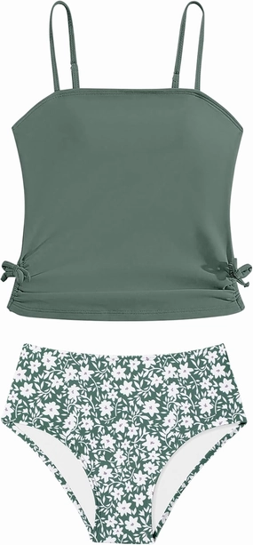 Girls Tankini Swimsuits Two Piece Bathing Suit Drawstring Swimwear Set for Girls 7-14 Years