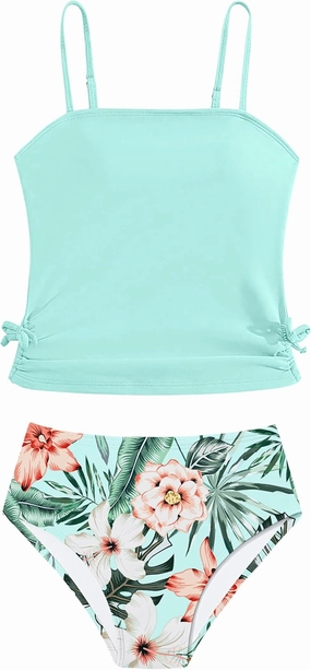 Girls Tankini Swimsuits Two Piece Bathing Suit Drawstring Swimwear Set for Girls 7-14 Years