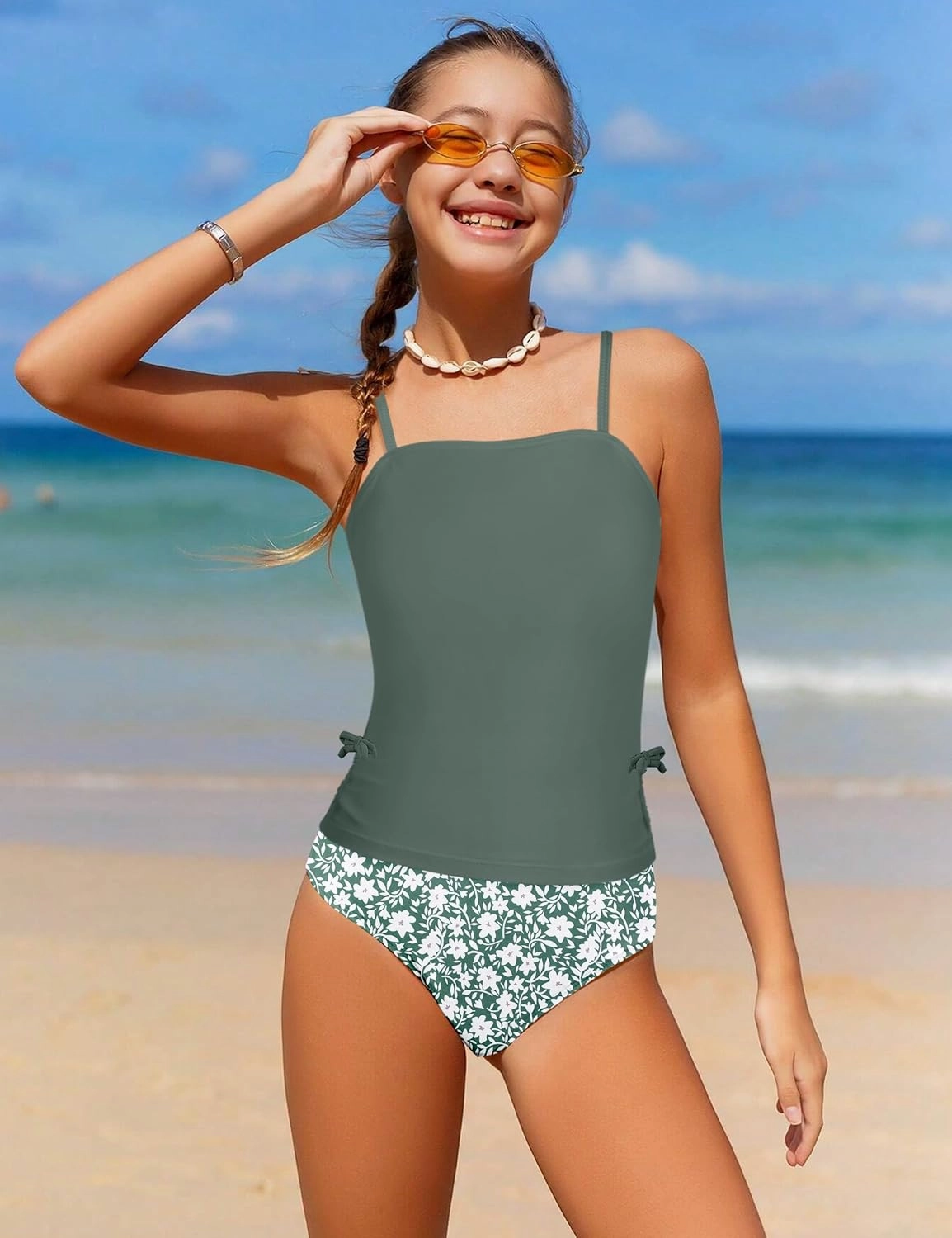 Girls Tankini Swimsuits Two Piece Bathing Suit Drawstring Swimwear Set for Girls 7-14 Years