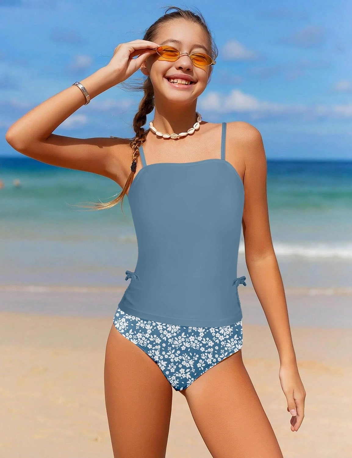 Girls Tankini Swimsuits Two Piece Bathing Suit Drawstring Swimwear Set for Girls 7-14 Years