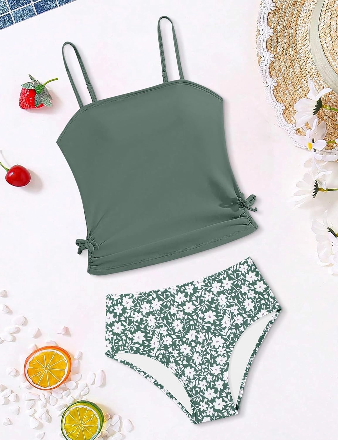 Girls Tankini Swimsuits Two Piece Bathing Suit Drawstring Swimwear Set for Girls 7-14 Years