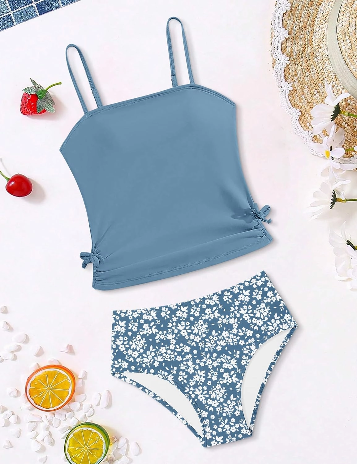 Girls Tankini Swimsuits Two Piece Bathing Suit Drawstring Swimwear Set for Girls 7-14 Years
