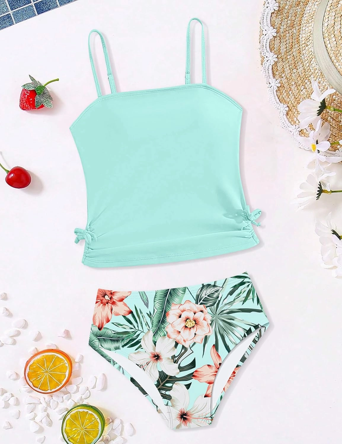 Girls Tankini Swimsuits Two Piece Bathing Suit Drawstring Swimwear Set for Girls 7-14 Years