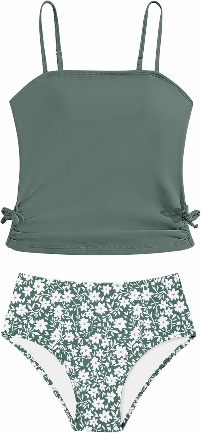 Girls Tankini Swimsuits Two Piece Bathing Suit Drawstring Swimwear Set for Girls 7-14 Years