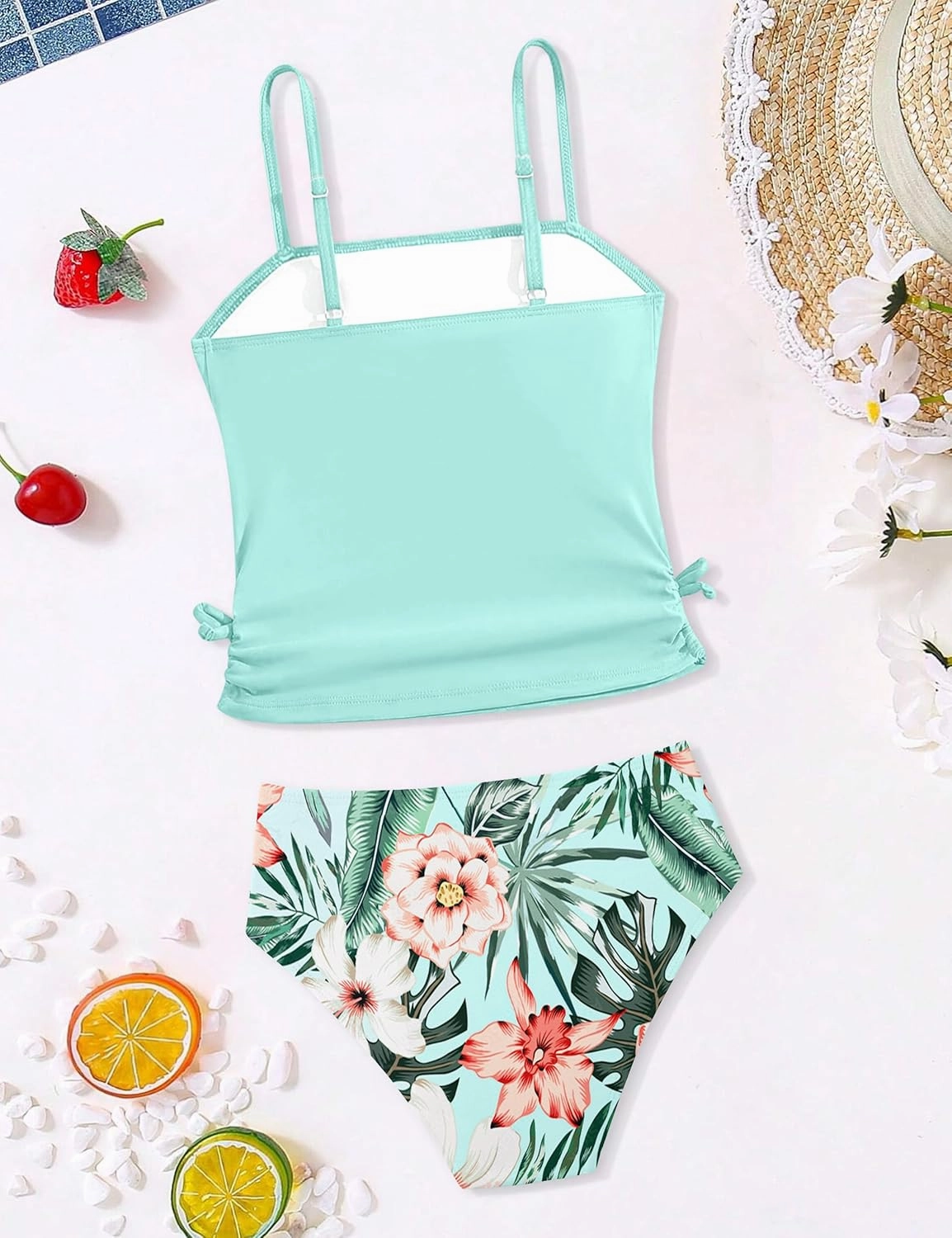 Girls Tankini Swimsuits Two Piece Bathing Suit Drawstring Swimwear Set for Girls 7-14 Years