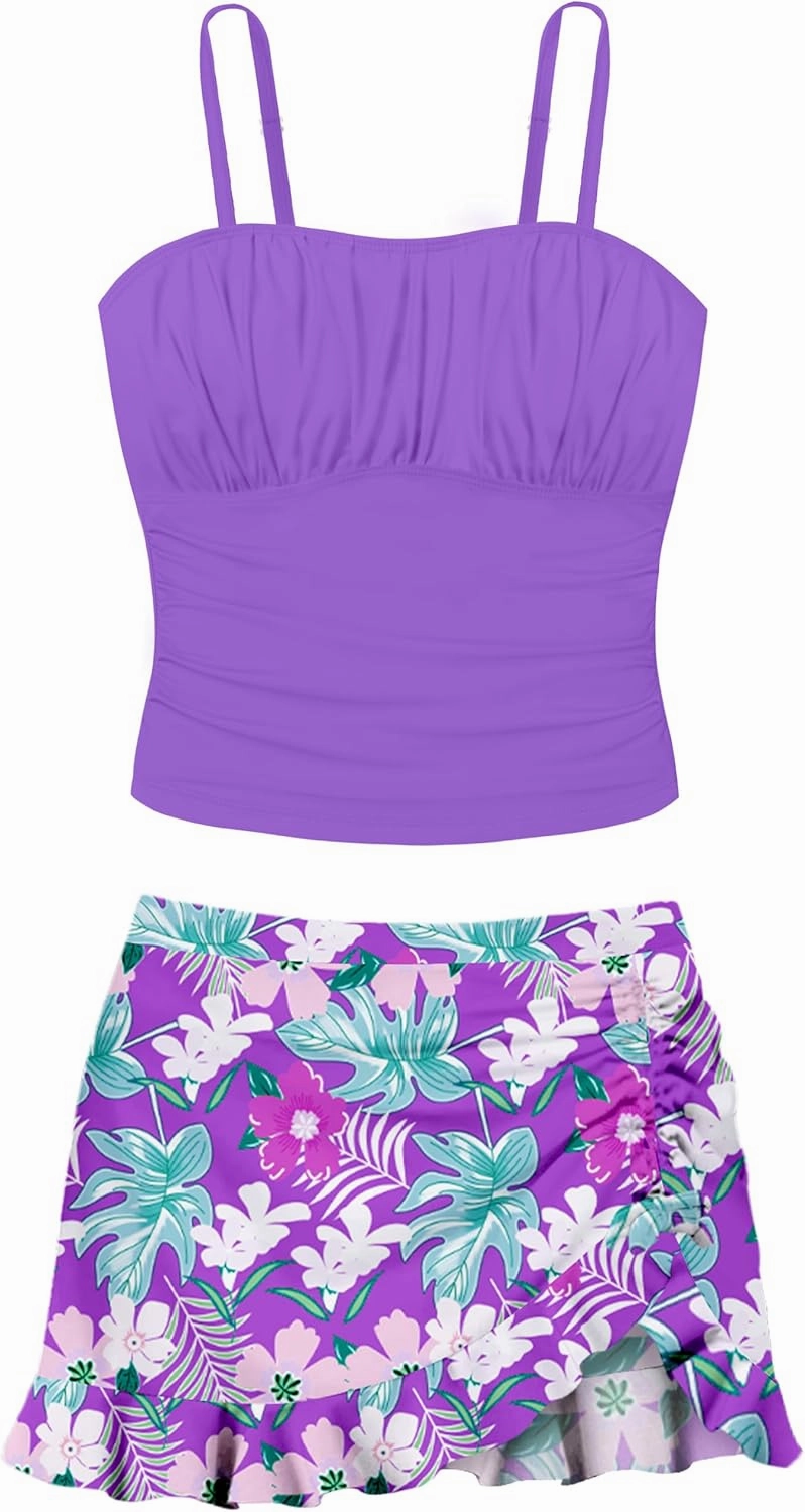 Girls Tankini Swimsuits Two Piece Tropical Print Pleated Bathing Suit with Ruffle Drawstring Skirt Swimwear 9-16T