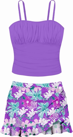 Girls Tankini Swimsuits Two Piece Tropical Print Pleated Bathing Suit with Ruffle Drawstring Skirt Swimwear 9-16T