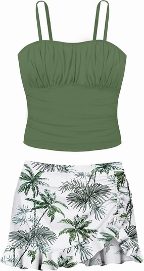 Girls Tankini Swimsuits Two Piece Tropical Print Pleated Bathing Suit with Ruffle Drawstring Skirt Swimwear 9-16T